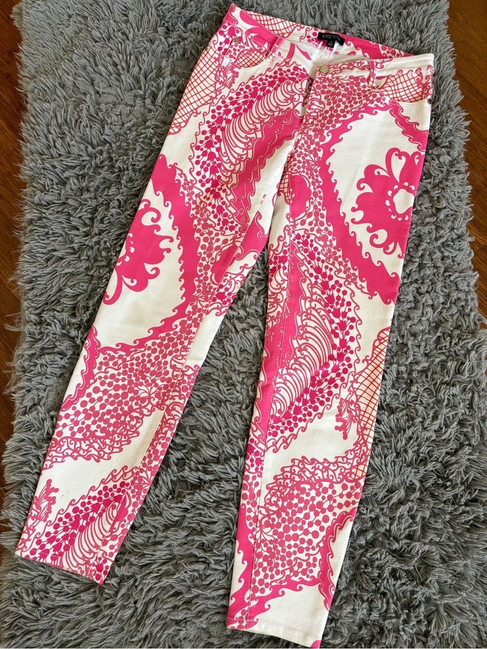 Vintage Retro Etcetera Pants Pink and White Graphic Print Jeans Mid-Low Waist 2